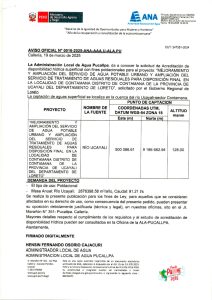 Mejoramiento y Ampliación del Servicio de Agua Potable Urbano y Ampliación del Servicio de Tratamiento de Aguas Residuales para disposición final en la localidad de Contamana, Distrito de Contamana de la Provincia de Ucayali del Departamento de Loreto.